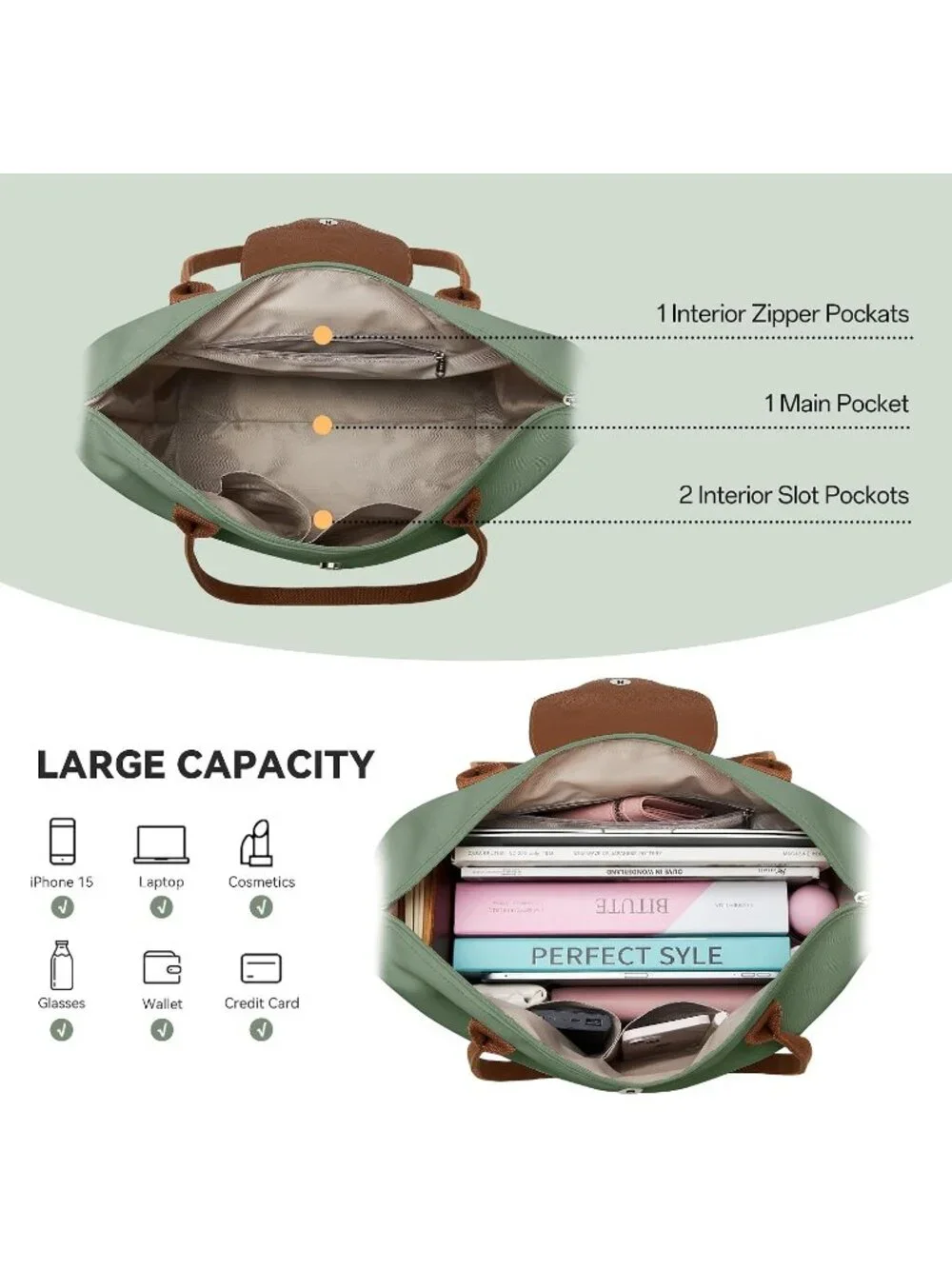👜Women's Green Nylon Tote Bag Large Capacity Shoulder Hobo Handbag With Zipper